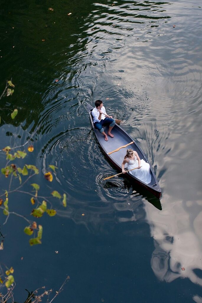 A drone photo of a couple in a boat